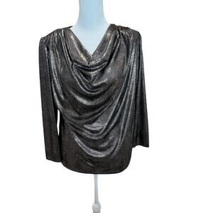 Vintage Glam Disco Top Cowl Neck Draped Metallic Silver Size Small Long Sleeve